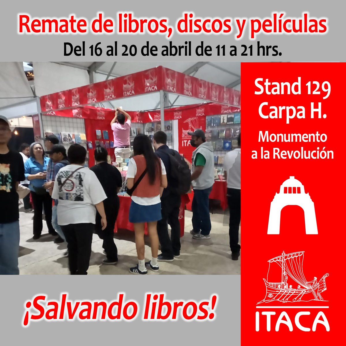 Pasa un excelente día en el "Remate de libros. discos y películas". Nos vemos hoy en el Stand 129, Carpa H, en el Monumento a la Revolución.