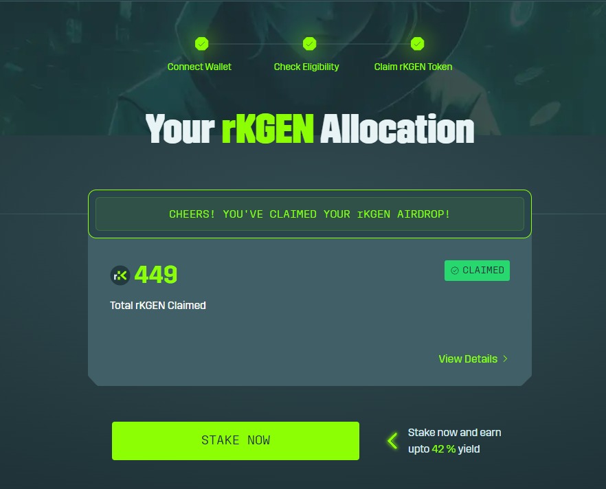 🎉 Just claimed my 449 $rKGEN tokens from the Phase 0 airdrop! 🚀 Big thanks to 
<a href="/KGeN_IO/">KGeN 🟩</a> for rewarding the OG Tribe 💚 Stoked to stake and earn up to 42.0% APY while waiting for the $KGEN swap. Let’s keep grinding, fam! #KGeN #rKGEN #ProofOfGamer
🔗 rewards.kgen.io