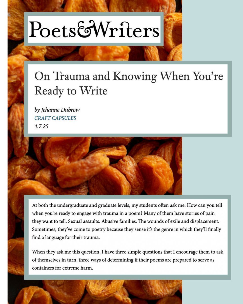 Pine State Publicity (@pinestatepub) on Twitter photo This month at <a href="/poetswritersinc/">Poets & Writers</a>, @jehannedubrow is writing craft capsules on writing trauma. Two more are on the way, but here's a sneak peek at the first one. Read more at the link below.
pw.org/content/on_tra… This month at <a href="/poetswritersinc/">Poets & Writers</a>, @jehannedubrow is writing craft capsules on writing trauma. Two more are on the way, but here's a sneak peek at the first one. Read more at the link below.
pw.org/content/on_tra…