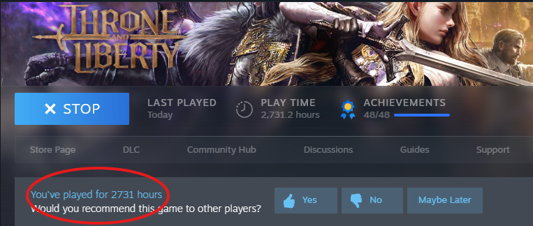 Goldrine_'s tweet photo. wow.. really? I have played 2700 hours of #throneandliberty ?? that's cray cray...
#GamingCommunity #mmo #mmorg #steam #steamgames https://t.co/xZkqQeMGUy