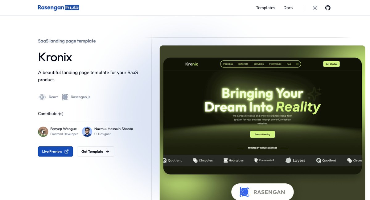 Discover the <a href="/rasenganjs/">Rasengan</a> template, -- KRONIX --

A nice looking SaaS Landing page to present your next product ✨

Boost your productivity by using our templates.

KRONIX will be available to you soon... 

join the waitlist to get inform early

👉 [ join.rasengan.dev ]