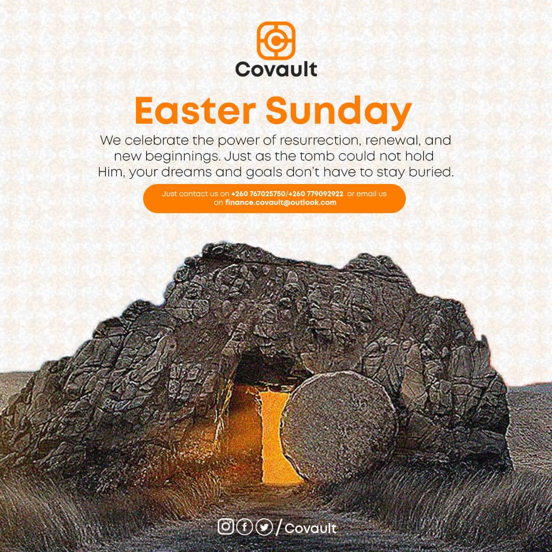 Covault_Zambia's tweet image. He is risen and so can your dreams!
This Easter, Covault celebrates renewal &amp;amp; fresh beginnings.
Your goals don't have to stay buried.

Contact us:
+260767025750 | +260779092922
finance.covault@outlook.com
@Covault | #EasterSunday #Covault