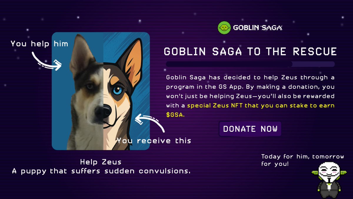goblinsaga_xyz's tweet photo. 🐾 Meet Zeus 🐾
A rescued pup, emotional support hero, and now... a fighter. Zeus suffers from seizures and needs urgent care.

Donate & receive a Zeus NFT 🐶
🔗 https://t.co/bkZfxps8Pc
Stake it. Earn 2,500 $GSA daily. Help & be rewarded.

#HelpZeus #GoblinSaga #NFTCommunity #NFT #Crypto $POL $ETH $BTC #Web3 #Blockchain