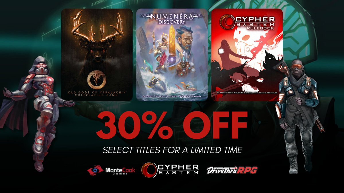 Today is the Final Day of the Cypher System Sale!

DTRPG: tinyurl.com/yc5kprsw
<a href="/roll20app/">Roll20</a>: tinyurl.com/6dwtm4tk

Save on <a href="/MonteCookGames/">Monte Cook Games</a> <a href="/mforbeck/">Matt Forbeck</a> <a href="/metalweavegames/">Metal Weave Games</a> <a href="/UOPublishing/">Underground Oracle Publishing</a> &amp; more! #ttrpgs