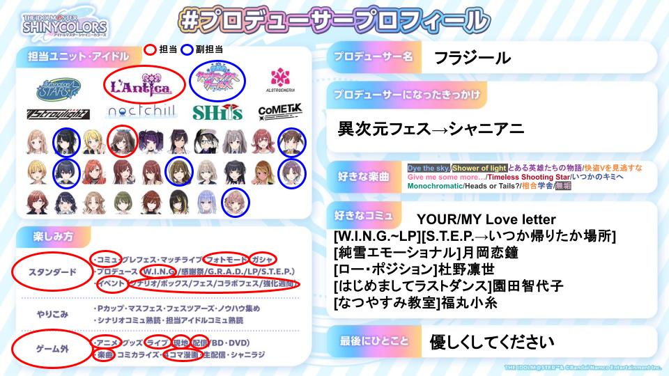 fragile0511's tweet image. プロデューサーになって１年経ったんでプロフィールカード作ってみました！
ご気軽にフォローどうぞ！
#シャニマスPさんと繋がりたい 
#シャニマスPと繋がりたい
#シャニマス名刺