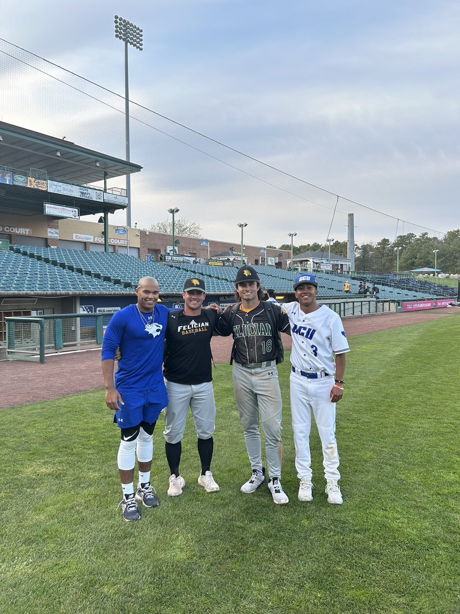 My boys just sent me a great photo playing against each other . Christian Bauman and Rocko Brezinak Felician College and Caleb Carter and Jules Conte. Georgian Court.  Thank men love u guys. Brookdale Family forever !!!