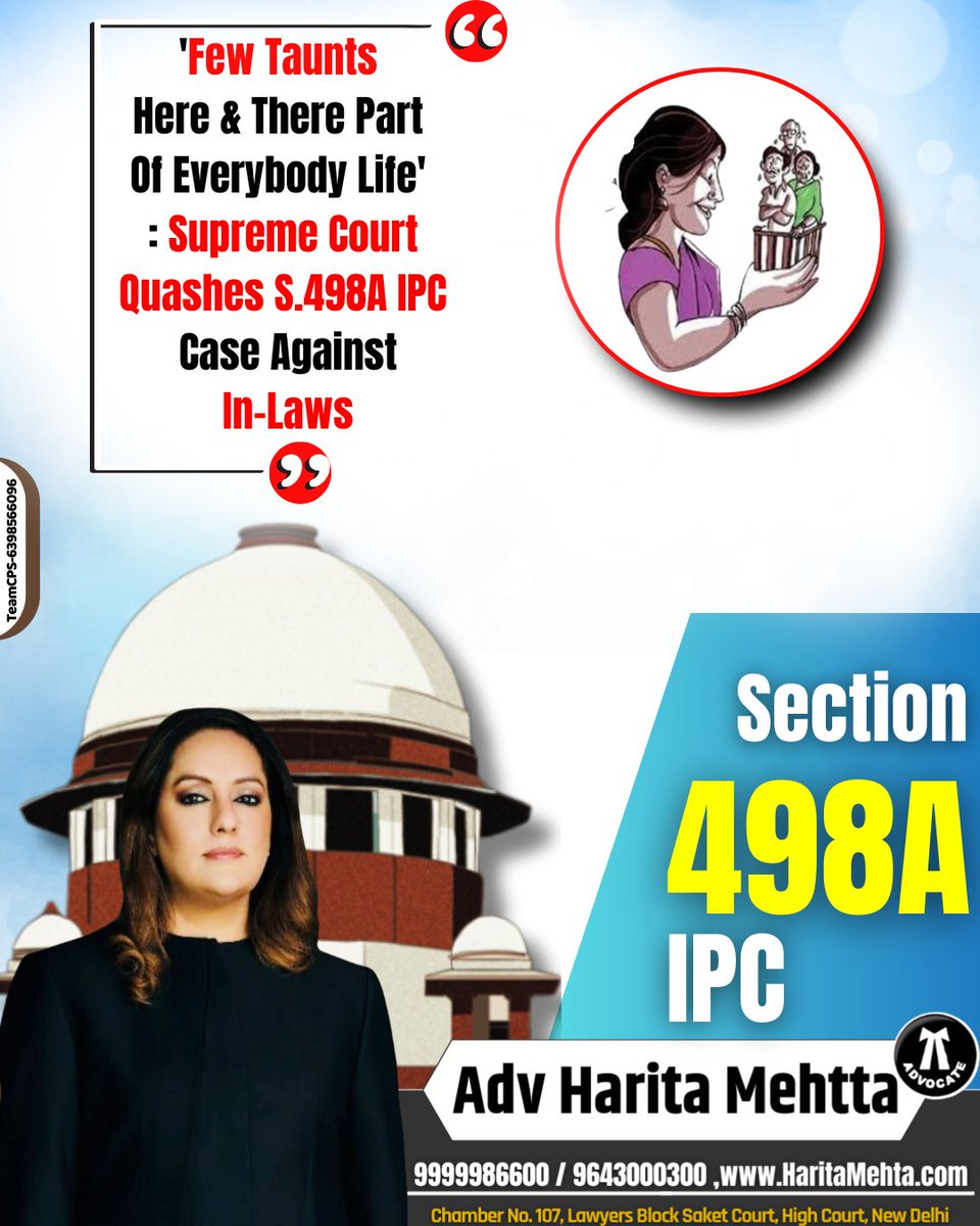AdvHaritamehta's tweet photo. 'Few Taunts Here & There Part Of Everybody Life' : Supreme Court Quashes S.498A IPC Case Against In-Laws.
#SupremeCourt #CJISanjivKhanna
#498A #498A_IPC #Sec498A
#DowryLawUpdate #DowryLaw
#DomesticViolence #498A_ipc #HusbandFamilyRights #HusbandRights #husbandrights https://t.co/fAawv2Z0sd