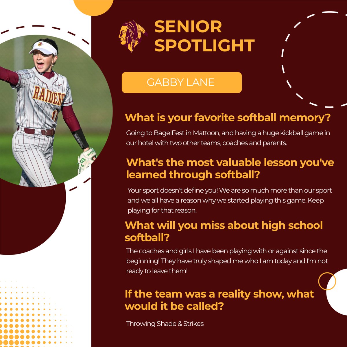 Senior Night is Monday April 21st at 4:30pm. come out and support this senior class!!

Next up- let's meet Gabby Lane!