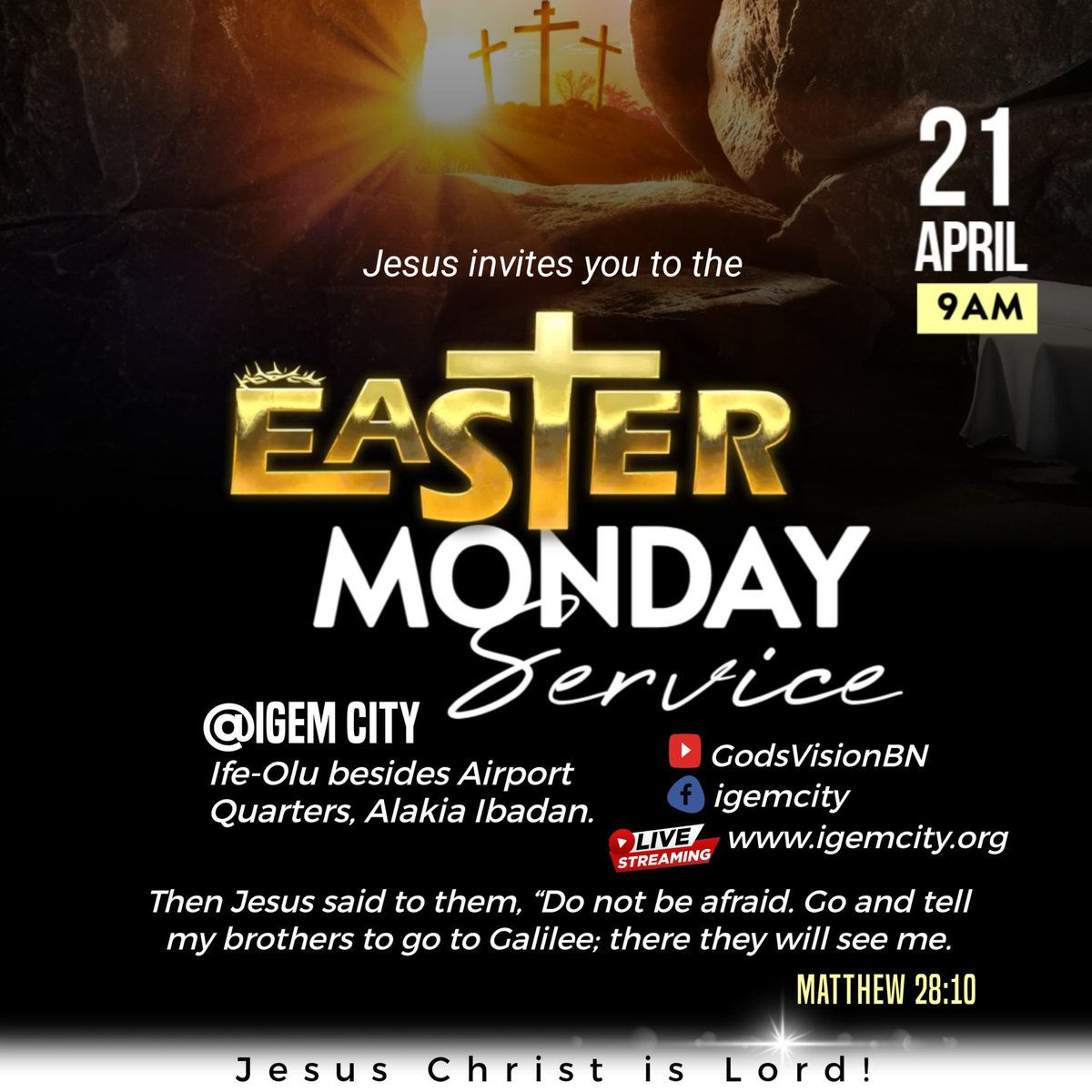 igemcity's tweet photo. Join us this Easter Monday for a special time in God's presence. Note that fasting is encouraged unless you are pregnant, elderly or on medication. #igem #eastermonday #jesusb #king #resurrection #life https://t.co/OyoUstHjKP