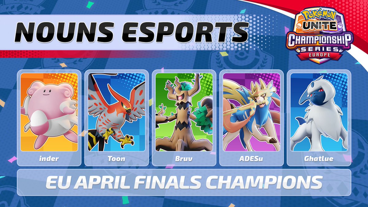UniteEsports's tweet photo. After 4 straight games of dominance in the Grand Finals, @nounsgg become your EU April Finals CHAMPIONS! 🎉

#PokemonUNITE | #UNITEesports https://t.co/KLv0QPoCaj