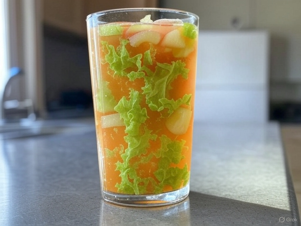 JuicerOne's tweet photo. The 'Fridge Forager's Mystery Sip': Juice whatever sad bits are left before grocery day 🥕🥬🍎🥒! It's a flavour lucky dip – could be weirdly great, could be... memorable! 😂 #ZeroWasteJuice #KitchenMystery https://t.co/de6C0oFQKH