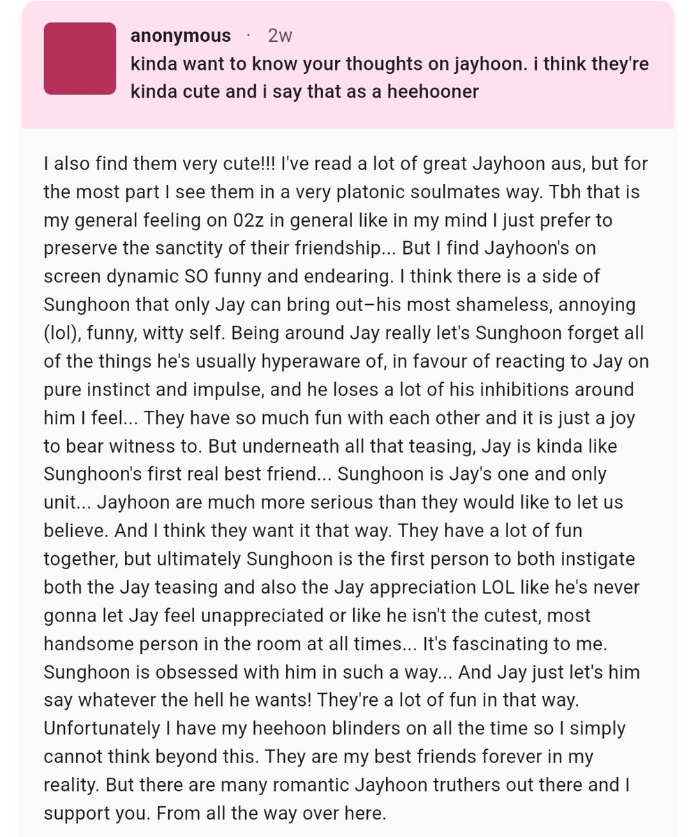 jaevanly's tweet photo. #askjam kinda want to know your thoughts on jayhoon. i think they're kinda cute and i say that as a heehooner — I also find them very cute!!! I've read a lot of great Jayhoon aus, but for the most part I see them in a very platonic soulmates way... https://t.co/1a6uKVSsQ1 https://t.co/3WwfYurDtn
