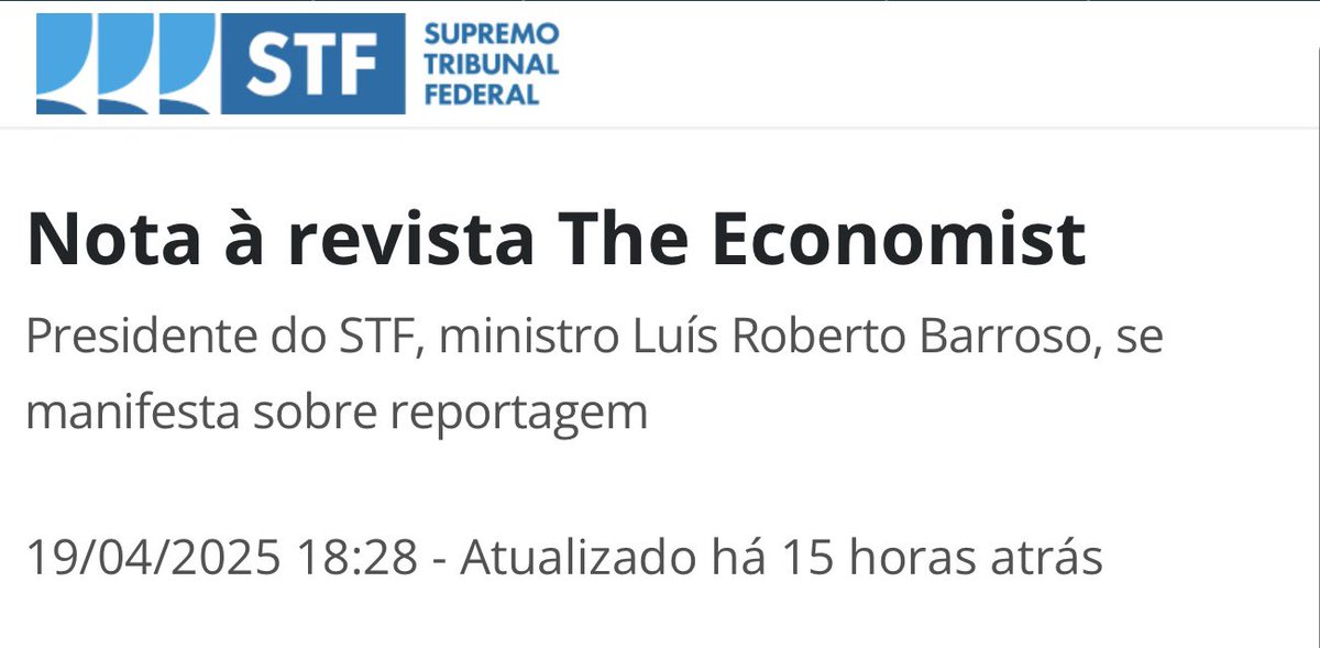🚨O STF, por meio de seu presidente, o ministro Barroso, decidiu responder à matéria da revista The Economist. 

Mostro abaixo os 8 erros jurídicos da Nota  

1)A nota diz que foi preciso um STF independente, para evitar ameaças à democracia, como os atos do dia 8 e a alegada