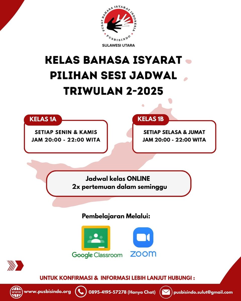 Pendaftaran kls bahasa isyarat level 1 area Sulawesi Utara telah dibuka.

Utk pendaftaran kelas bahasa isyarat Sulut, klik link : linktr.ee/pusbisindosula… 

Utk pendaftaran, pertanyaan/info lbih lanjut, bisa hubungi Pusbisindo Sulut via WA: wa.link/uzrgfv 

#kelasbisindo