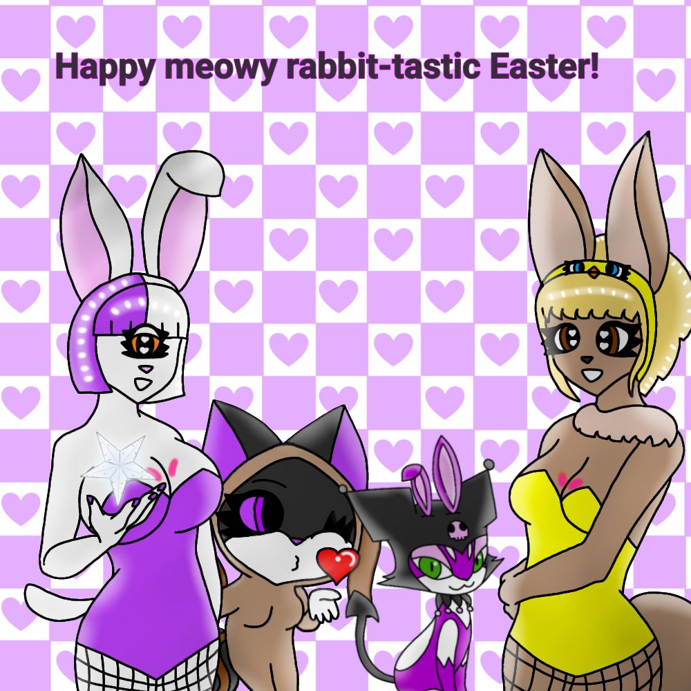 ObjectShowBloke's tweet photo. Happy meowy rabbit-tastic Easter, purply cats! 🐱😈🦋🐰♠️♦️♣️🃏💀🦊🐶🐥👁️❤️✨
#KuromiPurrloin #Kuromi #Purrloin #Hana #CyclopCat #BlondeEevee #DigitalArt #Easter2025 #Pokèmon #Sanrio #PurrloinVerse #Gijinkas #ArtTrade #Girls #NonBinary #EasterArt #CharacterFusion #Cabbits #Art https://t.co/y8KNqte7jb