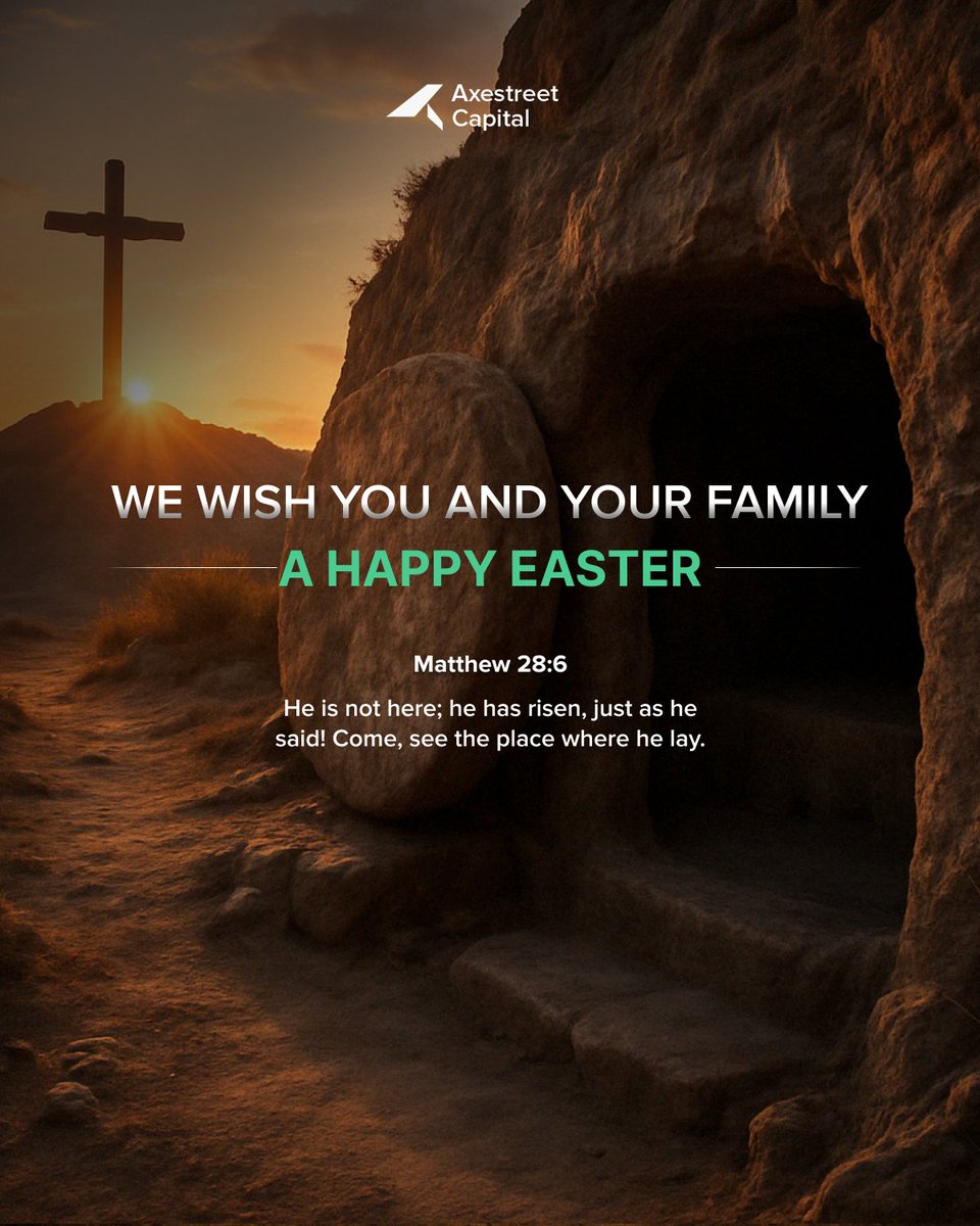AxestreetGroup's tweet photo. On, Easter, we’re reminded of the power of God to deliver from death, defeat, and doubt - just as He can deliver us from fear, failure, and uncertainty in the markets.

“But the one who endures to the end will be saved.”

— Matthew 24:13

This Easter, we’re reminded that the greatest transformations come after the toughest trials. At Axestreet, we see the same in trading—consistency, belief, and resilience shape every true trader’s journey. Endurance isn’t optional—it’s everything.

From all of us at Axestreet, we wish you and your family a Happy Easter.

#Easter #TradingDiscipline #AxestreetCapital #FaithAndFocus