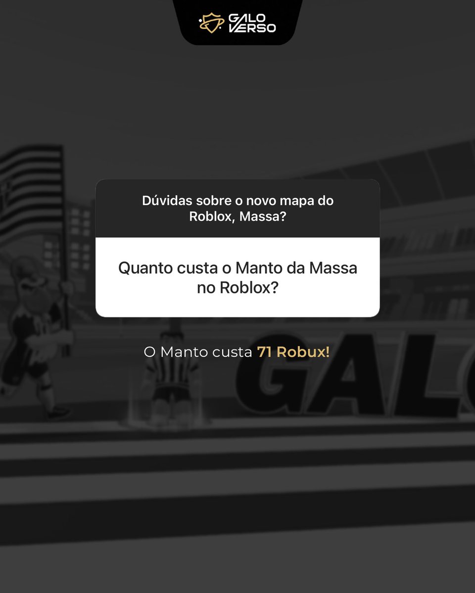 GaloVerso's tweet photo. Quer representar o Galo no Roblox? O Manto da Massa chegou!

✔ Valor: Acessível pra toda a Massa
✔ Como adquirir: Tutorial fácil no carrossel
✔ Edição limitada: Não perca!

📲 Arrasta pro lado e aprende como é simples garantir o seu! https://t.co/pDiPFW8SvI