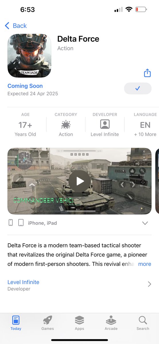 PlayerOrb's tweet photo. @DeltaForce_Game Why does it shows 24th April expected date for release on ios store https://t.co/bfVztRzTKs