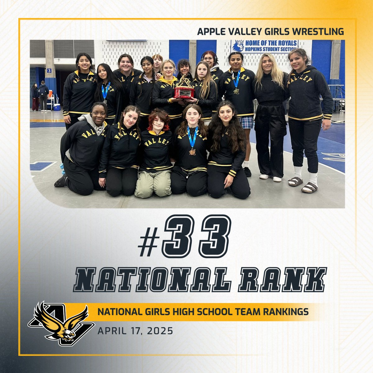 The Apple Valley Girls wrestling team finishes the year as the #33 Ranked team in the Country in the final National Girls High School Team Rankings! #LiveForGold 🦅 🤼
themat.com/news/2025/apri…