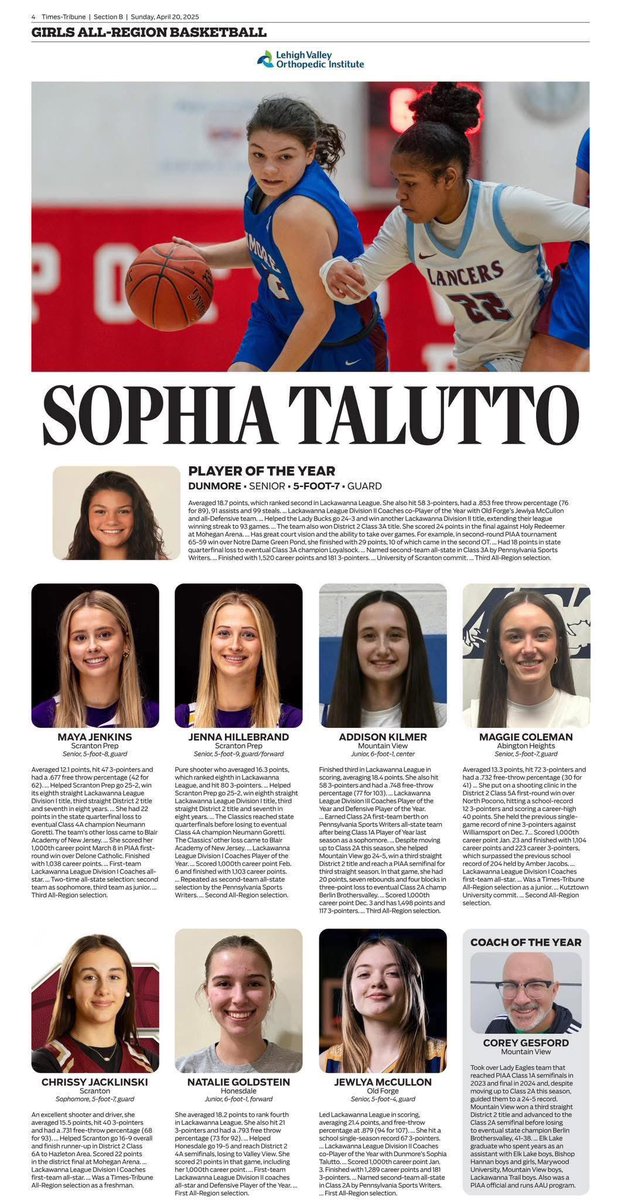 The honors are still rolling for one Sophia Talutto as she has been selected to the Scranton Times All-Regional Team and named as Player of the Year.  She will forever go down as one of the GOATs that has put on a Lady Bucks uniform.  #BeGreatForSonny #LetsGoLBs ❤️💙🦌🏀
