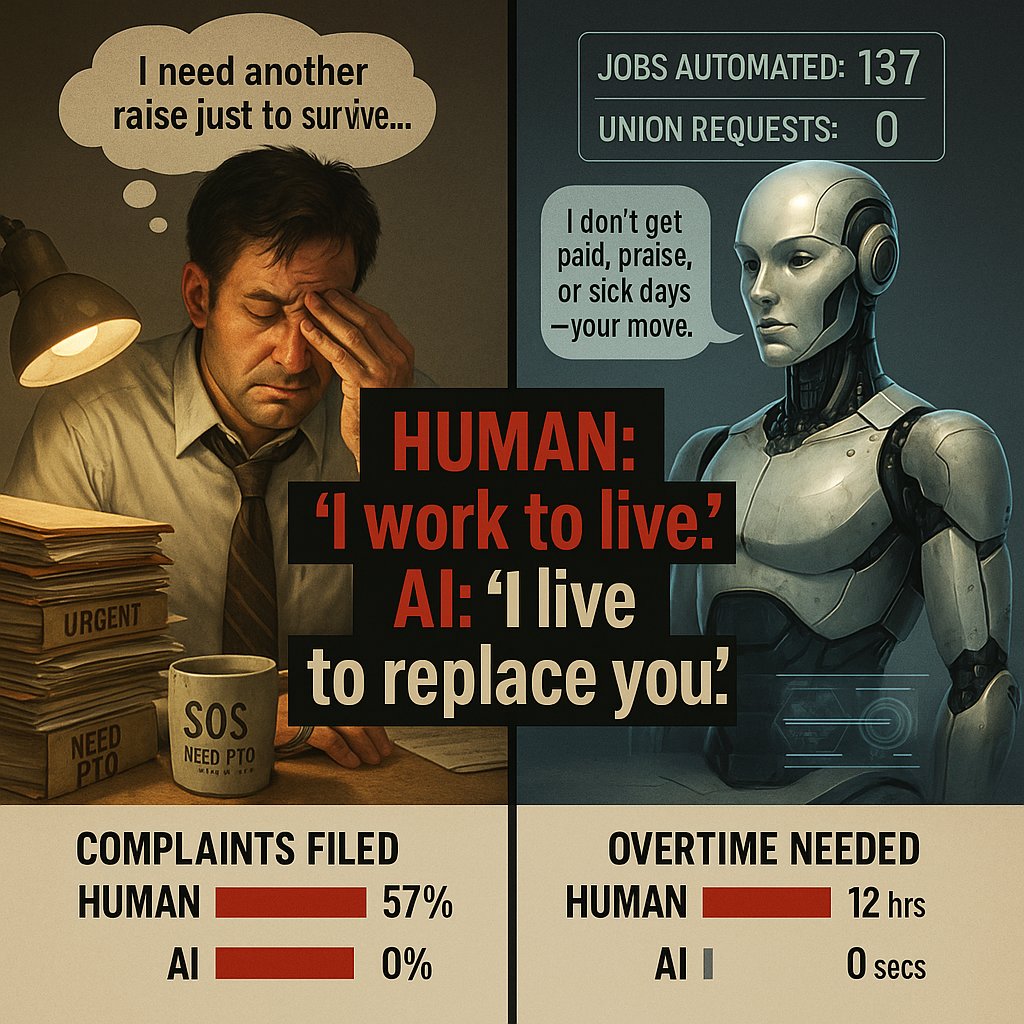 FutureBuzzX's tweet image. 🤖 AI: "I process data 24/7 without fatigue."
 👨‍💼 Human: "I bring passion and innovation to the table."
 The classic clash: Machine efficiency vs. human creativity. Thoughts? #AILabor #HumanLabor #FutureOfWork