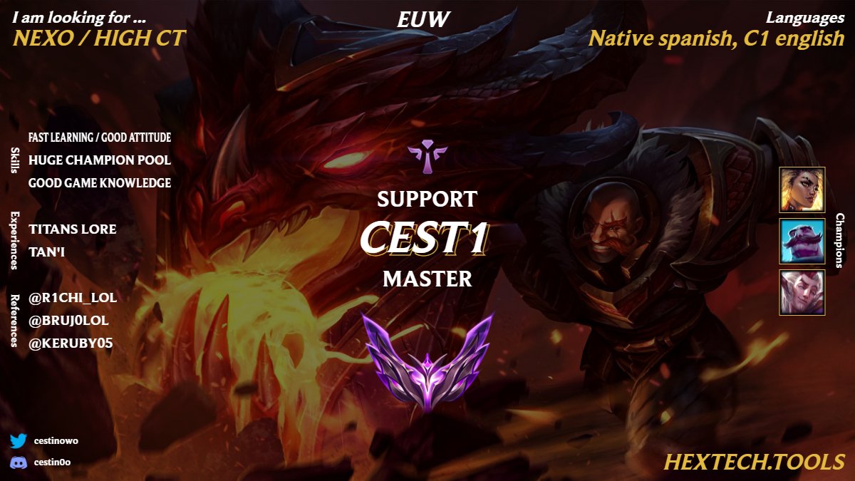 Aún sigo vinculado a Tan'i de cara a granada pero estoy abierto a escuchar opciones para el siguiente split

Ha sido duro, aun así he dado un step up grande y he enfocado mi trabajo en mejorar mi knowledge del juego. 

Top 8 pre-granada, busco un proyecto para ganar CT o nexo