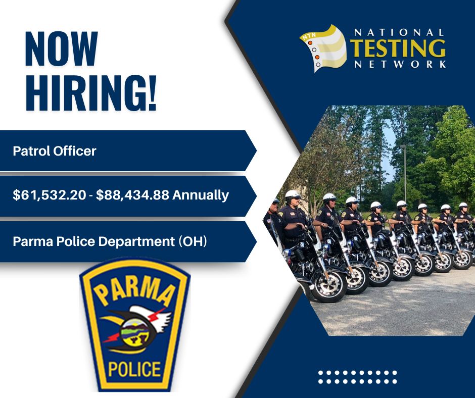 The Parma Police Department [Parma, OH] is hiring for the position of Patrol Officer.
Please submit your application materials by 5/14/25.
Salary: $61,532.20 - $88,434.88 Annually
For more information, please visit nationaltestingnetwork.com.