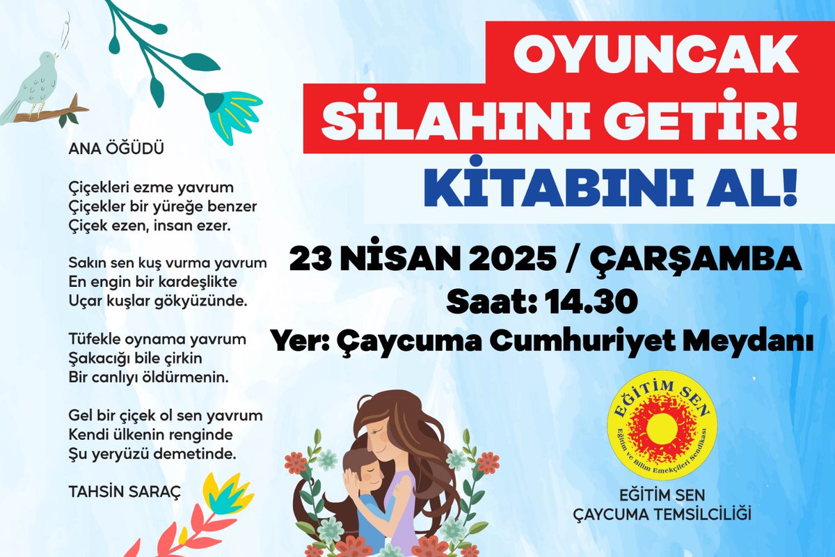 EgitimS_Caycuma's tweet photo. Bir çocuğun elinden oyuncak silahı alıp yerine kitap verdiğinizde sadece bir oyuncağı değil, bir zihniyeti değiştirmiş olursunuz. 

Velilerimizi çocuklarıyla birlikte
"Oyuncak Silahını Getir, Kitabını Al" etkinliğine katılmaya davet ediyoruz.
@egitimsen https://t.co/oCuonPIF6y