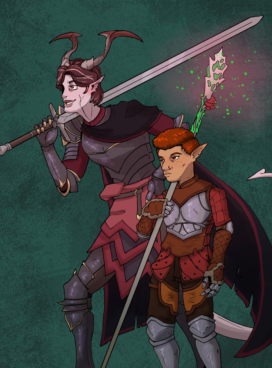 Haven't really posted new art in a hot minute. Here's Birdie and Trick, the #bg3 characters of
<a href="/enkoro_art/">Enkoro</a> and mine respectively.