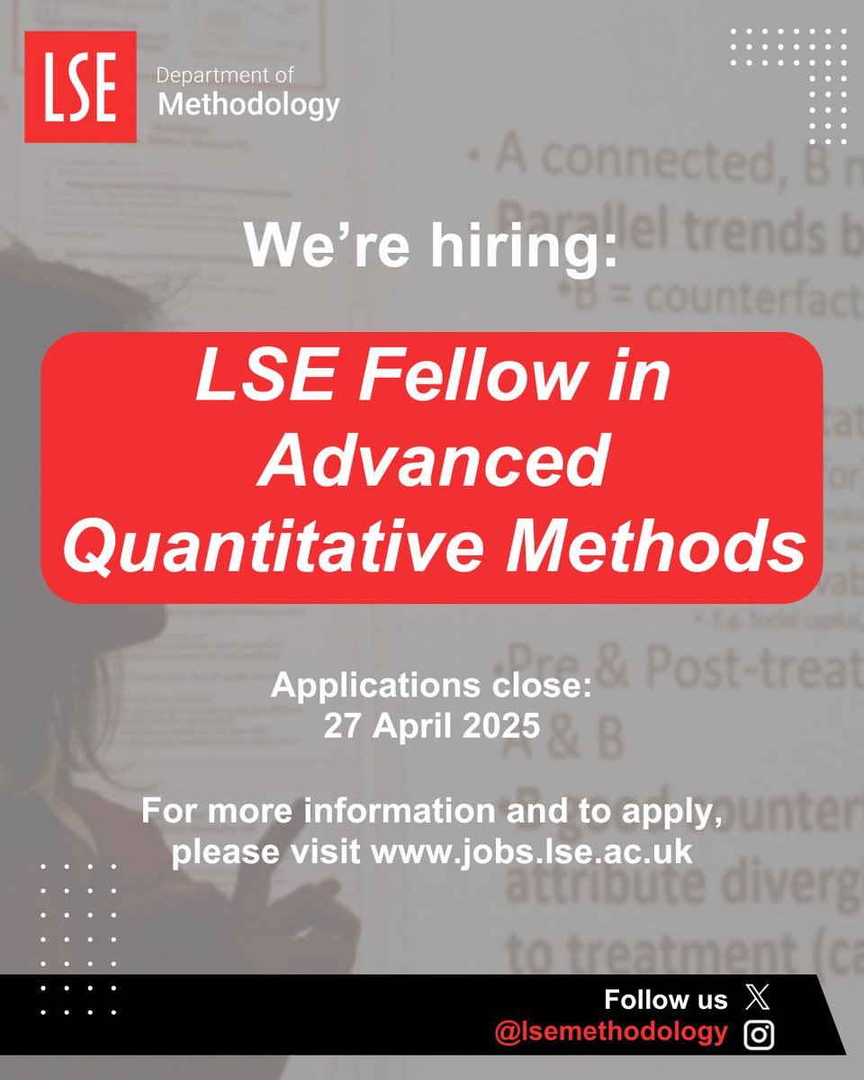 Just ONE week left to apply❗ 

Join an internationally outstanding group of social science methodologists 🌎 

💡 LSE Fellow in Qualitative Methods ➡️ jobs.lse.ac.uk/Vacancies/W/17… 

💼 LSE Fellow in Advanced Quantitative Methods ➡️ jobs.lse.ac.uk/Vacancies/W/67… 

Applications close 27