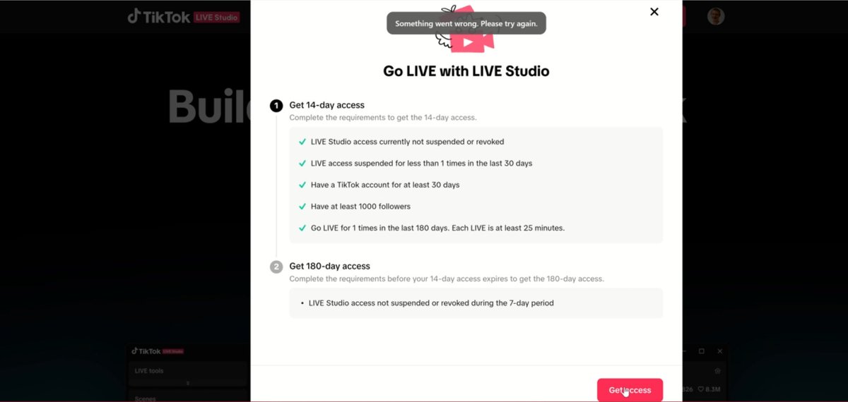 StevenThompso13's tweet photo. @TikTokSupport Hello I've completed all the requirements on 18th of april to be able to go Live using the studio window software. When I apply for the access to go live on live studio it's coming up with this in the image. Can you assist me getting access so I can go live. https://t.co/cJWtIIL4zh