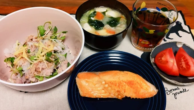 今日の夜ご飯。みぞれ香味ツナ丼。大根おろしツナかいわれ混ぜて生姜の千切り乗っけてポン酢一回しなんだけど美味しかった!便利なインスタントお味噌汁切らしてテケトーな人参ワカメキノコネギ豆腐のお味噌汁。そしてお鮭と。 