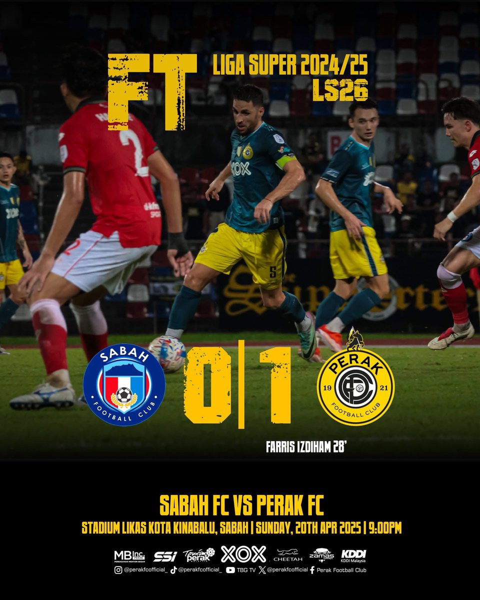 𝗙𝗨𝗟𝗟𝗧𝗜𝗠𝗘!

Tamat perlawanan, Perak FC berjaya membawa pulang 3 mata penting dari Negeri dibawah bayu!

Tahniah!

🤍💛🖤

#SABvPRK