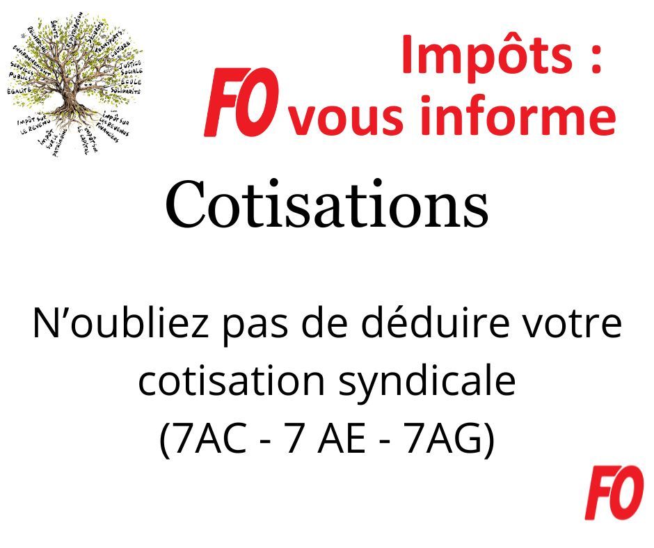 [#Impôts] 

Les cotisations syndicales donnent droit à crédit d'impôts. Celui-ci est fixé à 66% des cotisations versées.
Pour être bien informé, retrouvez le numéro "Spécial impôts" de l'InFO militante sur notre site: >>force-ouvriere.fr/special-impots…