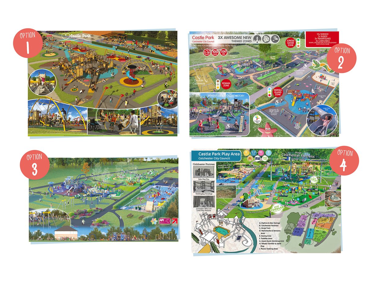 Four possible designs for Castle Park's new play area… and we need your help choosing the winner! 🛝✨

👇 Check out the designs and vote for your favourite via the link below:

🔗 colchester.gov.uk/castle-park-pl…