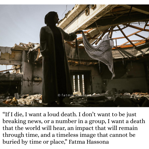 AllasAnchal's tweet photo. "Perhaps our salvation lies in not being saved," said Fatma Hassona to the Palestinian poet Haidar al-Ghazali. 
Hassona, a photojournalist in Gaza, was killed in a targeted Israeli airstrike last week, along with ten of her family members. 

#Gaza #Palestine #fatmahassona https://t.co/YpRvyxcpAl