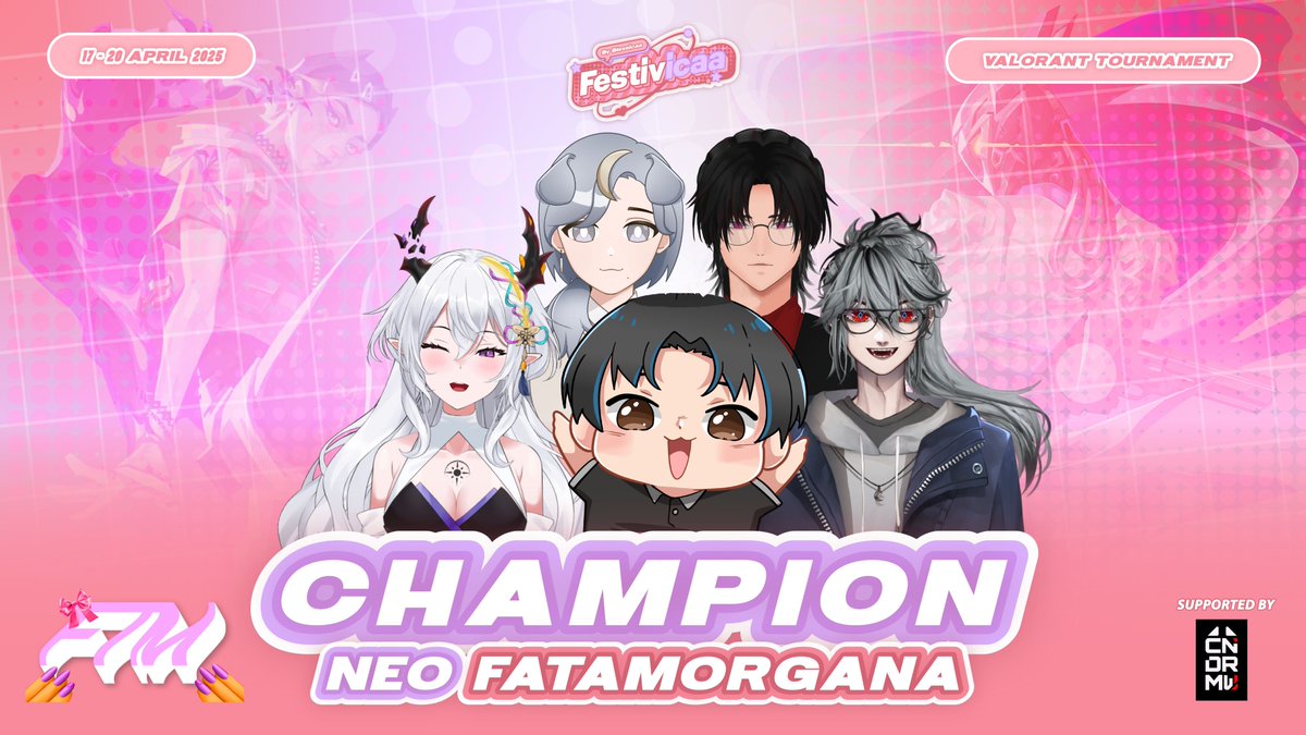 CNDRMW_Prod's tweet photo. 👑CONGRATULATIONS NEO FATAMORGANA on winning Festivicaa 2025!!

@AshariAriVTuber 
Aldi Chandra (YT)
@ArpinaHelios 
@roijuu 
@RyzaEryndor 

#Festivcaa #CNDRMW #VtuberID #ValorantIndonesia #Valorant https://t.co/o22wbHQqka