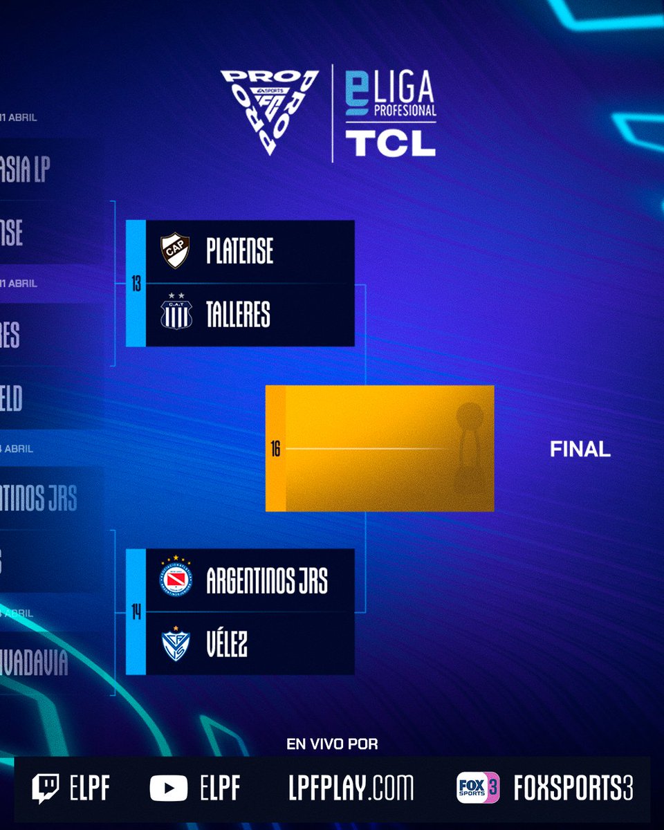 eLPF TCL (@elpf) on Twitter photo 📢 ¡LA RECTA FINAL POR EL TÍTULO! 🤩
Hoy a las 15hs se enfrentan los cuatro mejores por el cupo al EA FC 25 Pro World Championship 🌏
⚔️ <a href="/lautizuvi/">zuvi17</a> (<a href="/esplatense/">Esports Club Atlético Platense</a>) 🆚 <a href="/Kiketo101/">Tr3xKiketo</a> (<a href="/TalleresEsports/">Talleres Esports</a>)
⚔️ <a href="/Joelr_21/">Joe</a> (<a href="/Velez/">Vélez Sarsfield</a>) 🆚 <a href="/facu_cowen/">Cowen</a> (<a href="/eSportsAAAJ/">Argentinos Juniors esports</a>)
⚔️ Final: TBD
#eLPFTCL 🏆 📢 ¡LA RECTA FINAL POR EL TÍTULO! 🤩
Hoy a las 15hs se enfrentan los cuatro mejores por el cupo al EA FC 25 Pro World Championship 🌏
⚔️ <a href="/lautizuvi/">zuvi17</a> (<a href="/esplatense/">Esports Club Atlético Platense</a>) 🆚 <a href="/Kiketo101/">Tr3xKiketo</a> (<a href="/TalleresEsports/">Talleres Esports</a>)
⚔️ <a href="/Joelr_21/">Joe</a> (<a href="/Velez/">Vélez Sarsfield</a>) 🆚 <a href="/facu_cowen/">Cowen</a> (<a href="/eSportsAAAJ/">Argentinos Juniors esports</a>)
⚔️ Final: TBD
#eLPFTCL 🏆