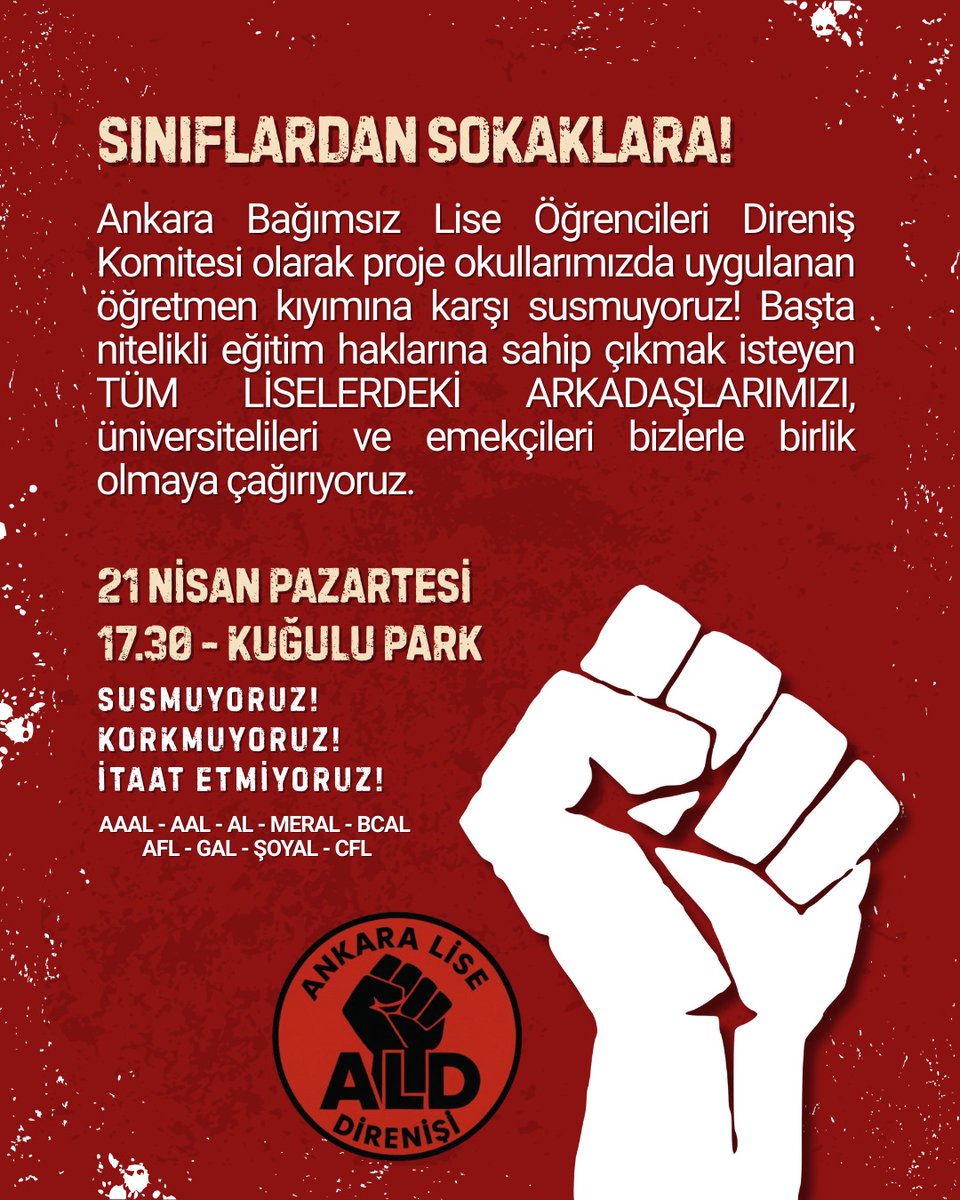 Sınıflardan sokaklara taşıyoruz!

Yarın 17.30'da Kuğulu Park'ta üniversiteli ve liseli öğrenciler olarak buluşuyoruz!

#OkulumaDokunma
#ÖğretmenimeDokunma