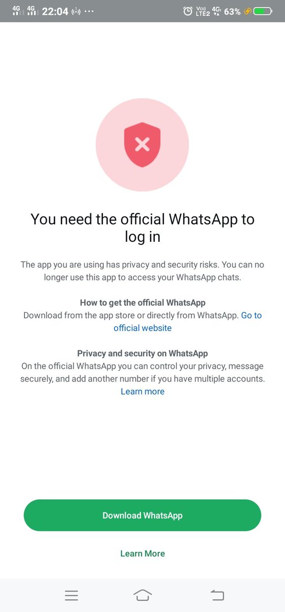helyaamarch_'s tweet photo. Whatsapp is very strange now, numbers are suddenly blocked and when they can be opened they think they are using a third party application, even though the official WhatsApp application is in the Playstore.

#WhatsApp 
#WhatsAppError 
#ReportWhatsApp https://t.co/xXfCZK3t9I