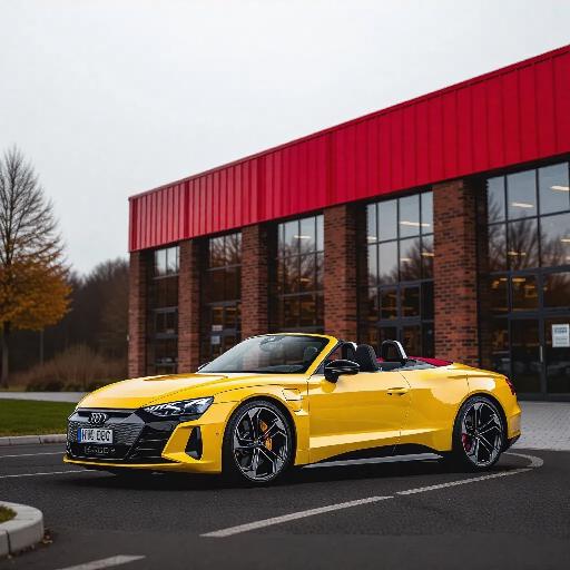 ouaslam_youssef's tweet image. A bright yellow Audi e-tron GT convertible 🚗 is parked in front of a modern brick building. #AudietronGT #electriccar #luxuryconvertible