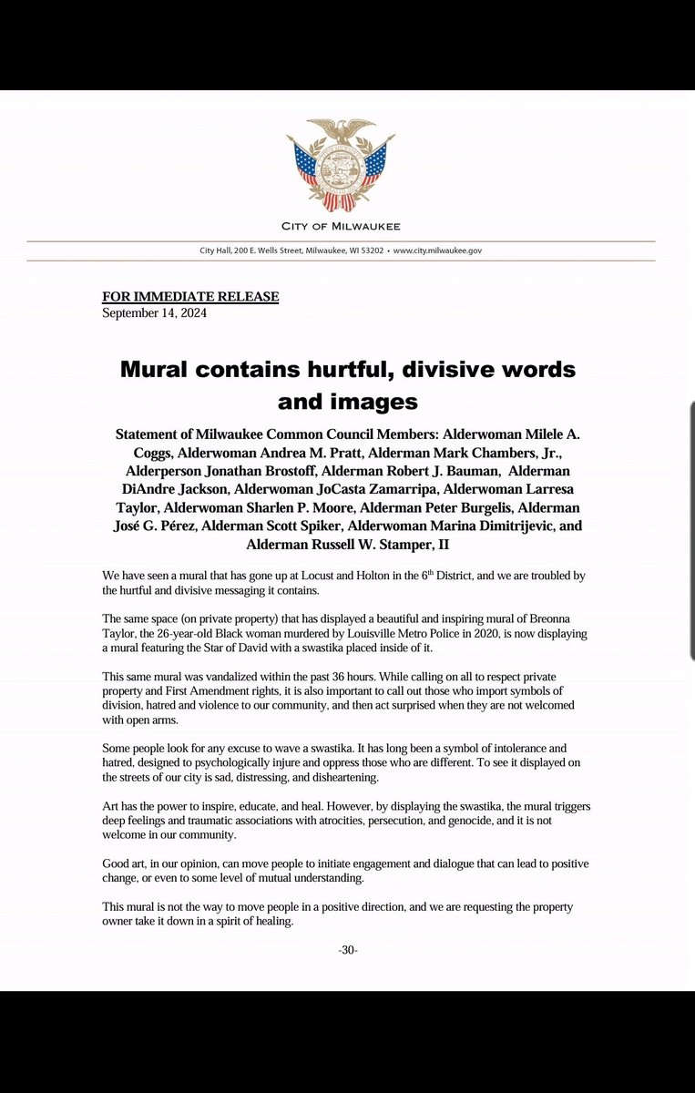 PhlyGerl's tweet photo. The Milwaukee Common Council asked them to take the mural down. They refused. But the Sussexes and Archewell are in the wrong?

"This mural is not the way to move people in a positive direction, and we are requesting the property owner take it down in a spirit of healing." #MMWC https://t.co/AK4z9uIvAK