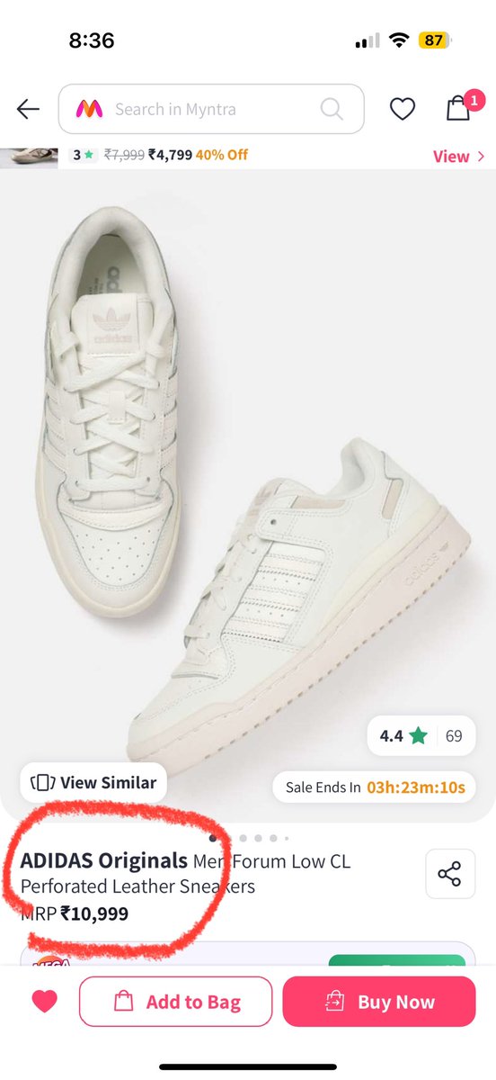 saik999's tweet photo. @MyntraSupport I am not able to complete my purchase. I have wish listed the product circled in red priced at ₹ 5499/- When i move the product to bag the price changes to ₹10,999/- . Please can you rectify. https://t.co/8JrantZE7Z