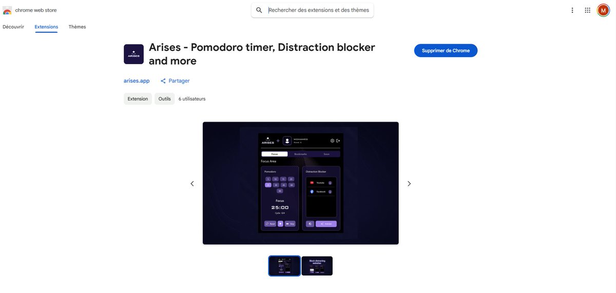 L’extensions a enfin été valider par Google vous pouvez dès maintenant l’installer

arises.app

avec cette première version, l’idée c'est de faciliter la concentration sur une seule tâche, sans se laisser distraire

deux fonctionnalités sont disponibles pour