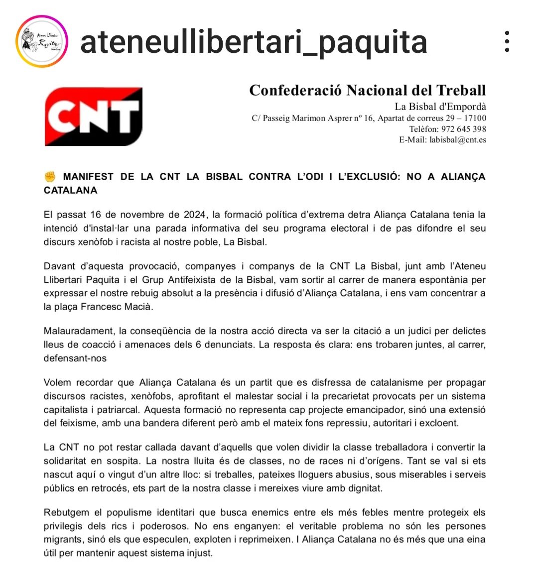 Tot el suport als companys i companyes de la CNT de la Bisbal. 
Sempre al costat dels antifeixistes.