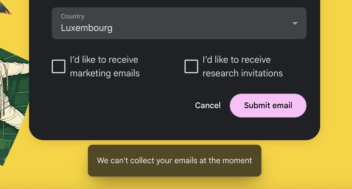 harshbee's tweet photo. @GoogleLabs Not available in Luxembourg, and when I try to add my email to get notified, it says 'We can't collect your email'. It's been like this for ages. I even left feedback through Google account months ago. https://t.co/tTllsYTygF