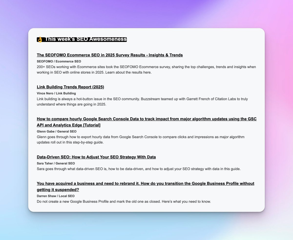 Aleyda Solis 🕊️ (@aleyda) on Twitter photo This Week's SEO News with SEOFOMO 👇 
* AI Overviews Reduce Clicks by 34.5%
* Google Search to redirect its country-level TLDs to Google dot com 
* Google: Nothing Has Changed With International SEO with ccTLD Change
* The SEOFOMO Ecommerce SEO in 2025 Survey Results - This Week's SEO News with SEOFOMO 👇 
* AI Overviews Reduce Clicks by 34.5%
* Google Search to redirect its country-level TLDs to Google dot com 
* Google: Nothing Has Changed With International SEO with ccTLD Change
* The SEOFOMO Ecommerce SEO in 2025 Survey Results -