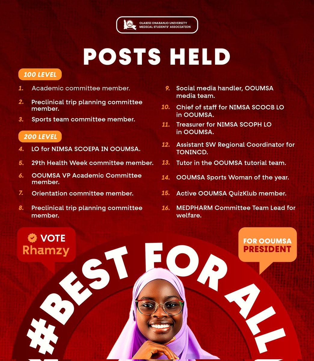 AdedayoRhamat's tweet photo. OOUMSAites,

As a seasoned leader and your aspiring Presidential candidate, Rhamzy is committed to making OOUMSA #BestForAll.

Today, we talk about Rhamat's service experience as a young OOUMSAite in her early days of medical school. https://t.co/qrTLFJvCmE