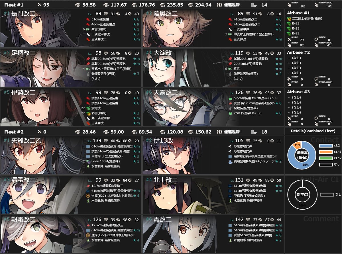 NN47925100's tweet photo. ラスダン半日沼って、このままではどうにもならない
→フィニッシャー1人減ってでも他を保護するため潜水デコイ導入
→どうせ道中6戦になるので北上を投入して少しでも開幕で削る
→空襲3戦ルートなので龍鳳はボス戦では動けない。なのでサブ伊勢を改二にして投入
これでようやく突破 https://t.co/KdvzTVNJcI