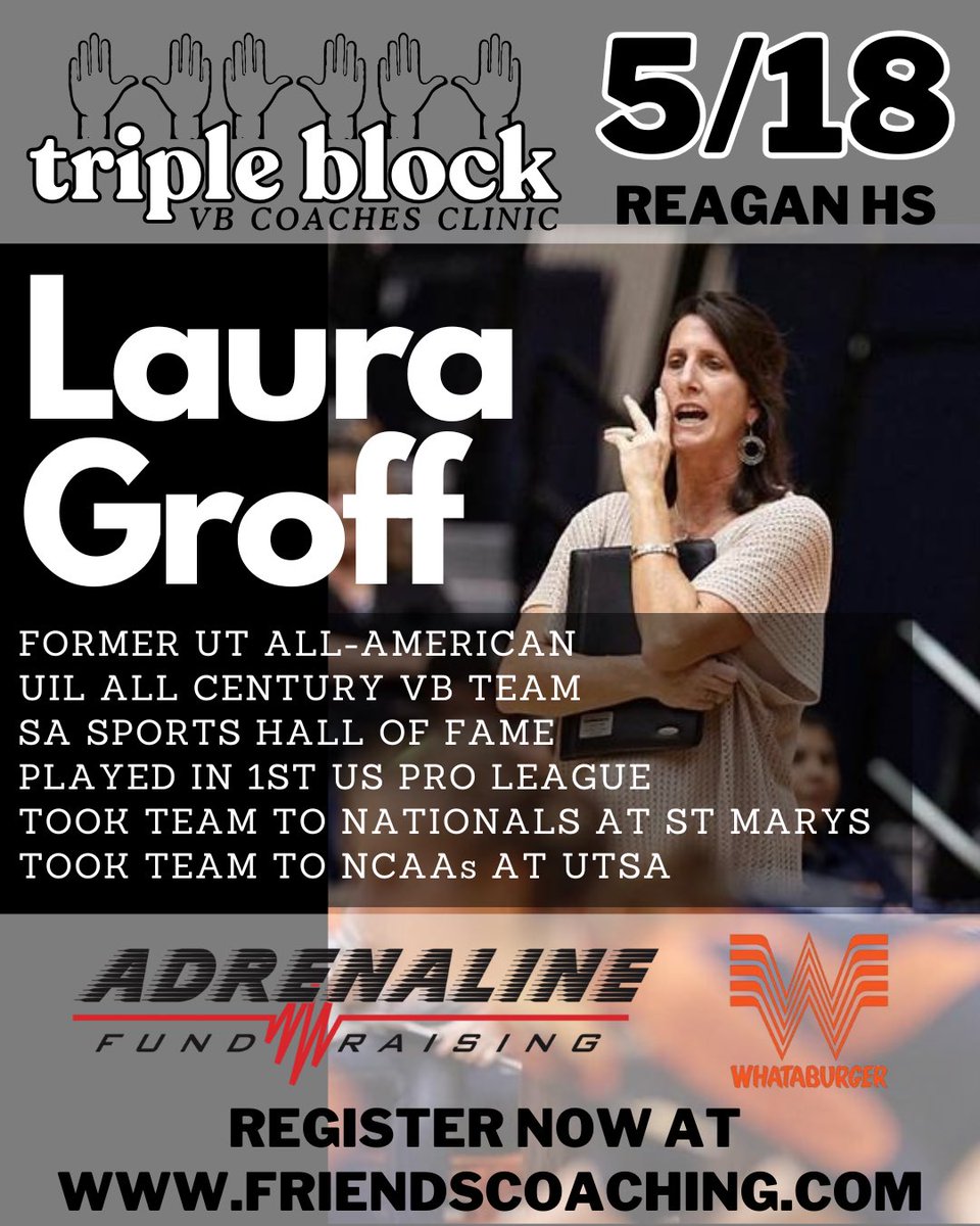 FriendsCoachTX's tweet image. Triple Block VB Coaches Clinic 🙌🙌🙌 Sponsored by Adrenaline Fundraising and Whataburger! Friends Coaching was born from a shared passion: the belief that coaching, at its heart, is about connection and community. Go to friendscoaching.com for more info and to register.